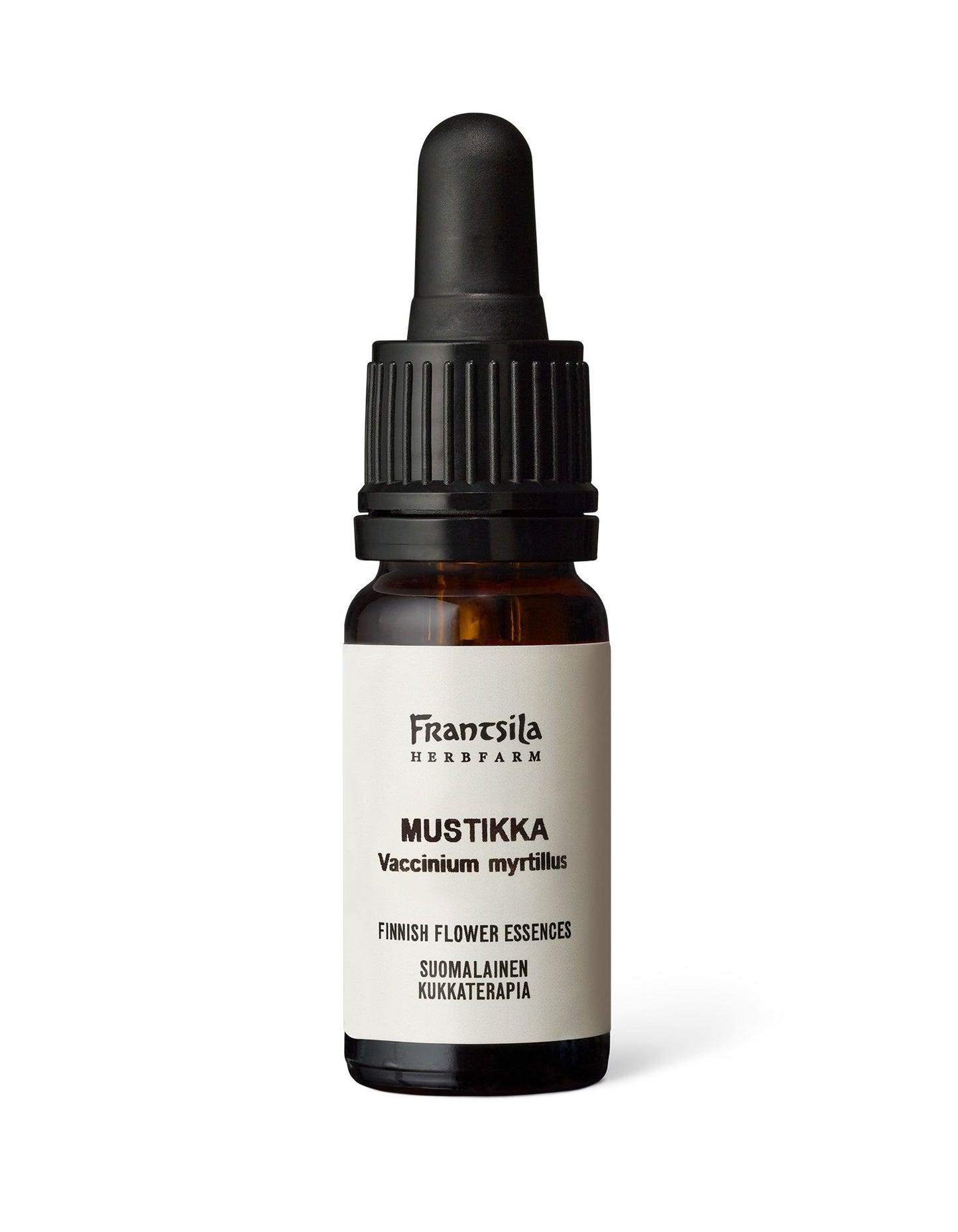 A small brown glass dropper bottle with a black plastic cap and clear glass pipette is shown. The surface is glossy, cylindrical in shape, and the label features Frantsila Herb Farm Mustikka Vaccinium myrtillus, Finnish Flower Essences in printed text with minimal stylization. The bottle sits against a seamless white background. No people or actions are present.
