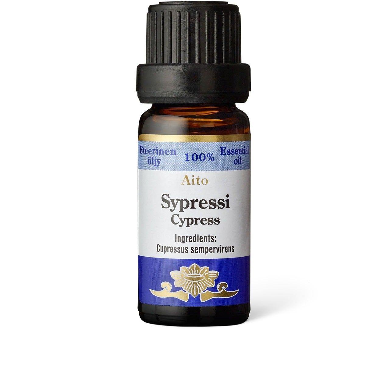 A small brown glass bottle labeled Aito Sypressi Cypress Essential Oil (Cupressus sempervirens). The bottle is cylindrical with a matte finish and topped with a ridged black plastic cap. The label is blue and white, rectangular, with clear black sans-serif text listing the ingredient. There are no people or hands, and the background is neutral.