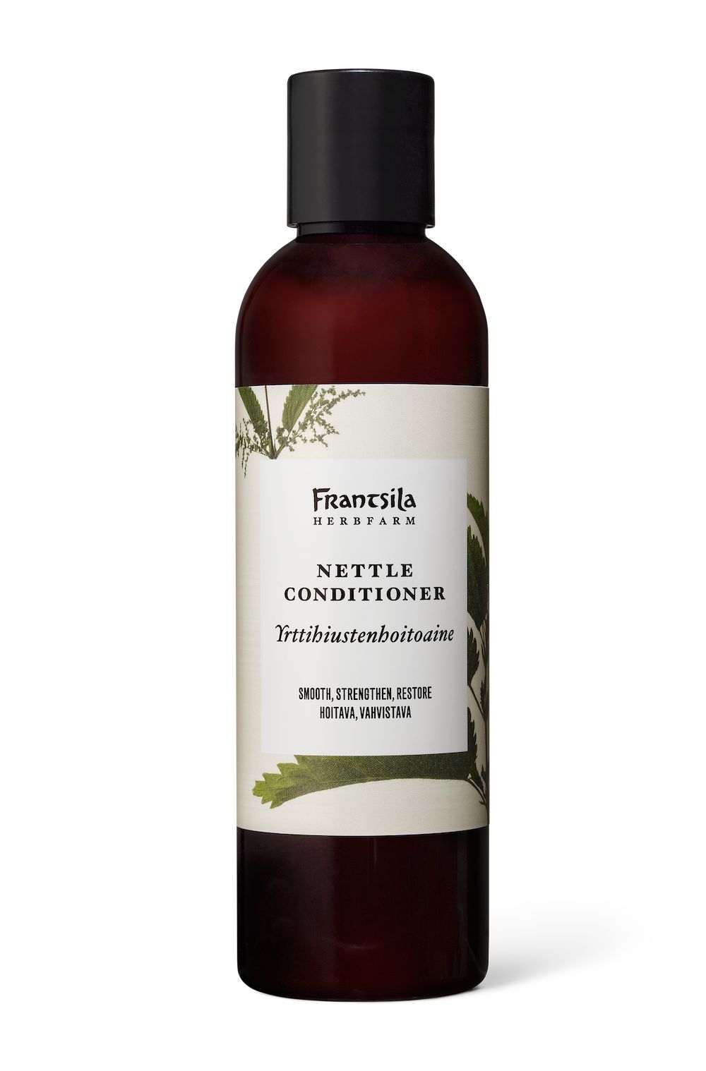 A bottle of Frantsila Herb Farm Nettle Conditioner with a dark cap and label featuring plant illustrations and bilingual text highlighting the nourishing benefits of nettle. The bottle is cylindrical, opaque white or light-colored plastic with a matte finish. The label is primarily green-toned, decorated with botanical drawings. Text is printed in both Finnish and English, using clean sans-serif fonts. The product stands upright on a plain white background in a well-lit studio shot. No people or hands are