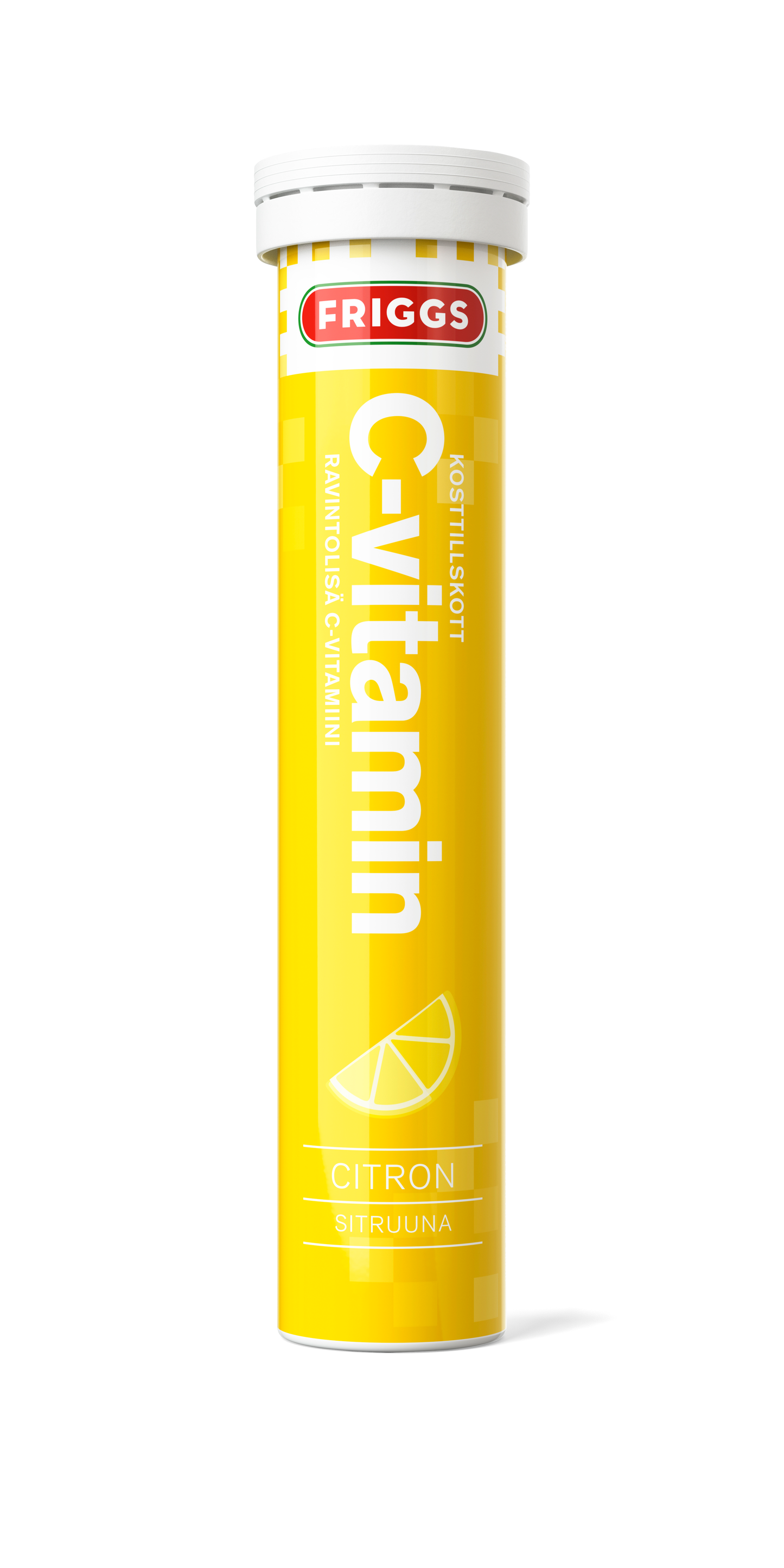 Keltainen lieriömäinen muoviputkilo kiiltäväpinnalla, tiiviisti suljettu korkki; etiketissä lukee FRIGGS C-vitamin Citron Sitruna sitruunaviipalekuvituksella; teksti lihavoitua groteskia, pääosin mustaa ja vihreää valkoisella pohjalla; ei ihmisiä tai käsiä näkyvissä; studioympäristö valkoisella taustalla. Keltainen putkilo, jossa lukee FRIGGS C-vitamin Citron Sitruna sitruunaviipalekuvituksella, sisältää C-vitamiinitabletteja päivittäiseen hyvinvointiin.