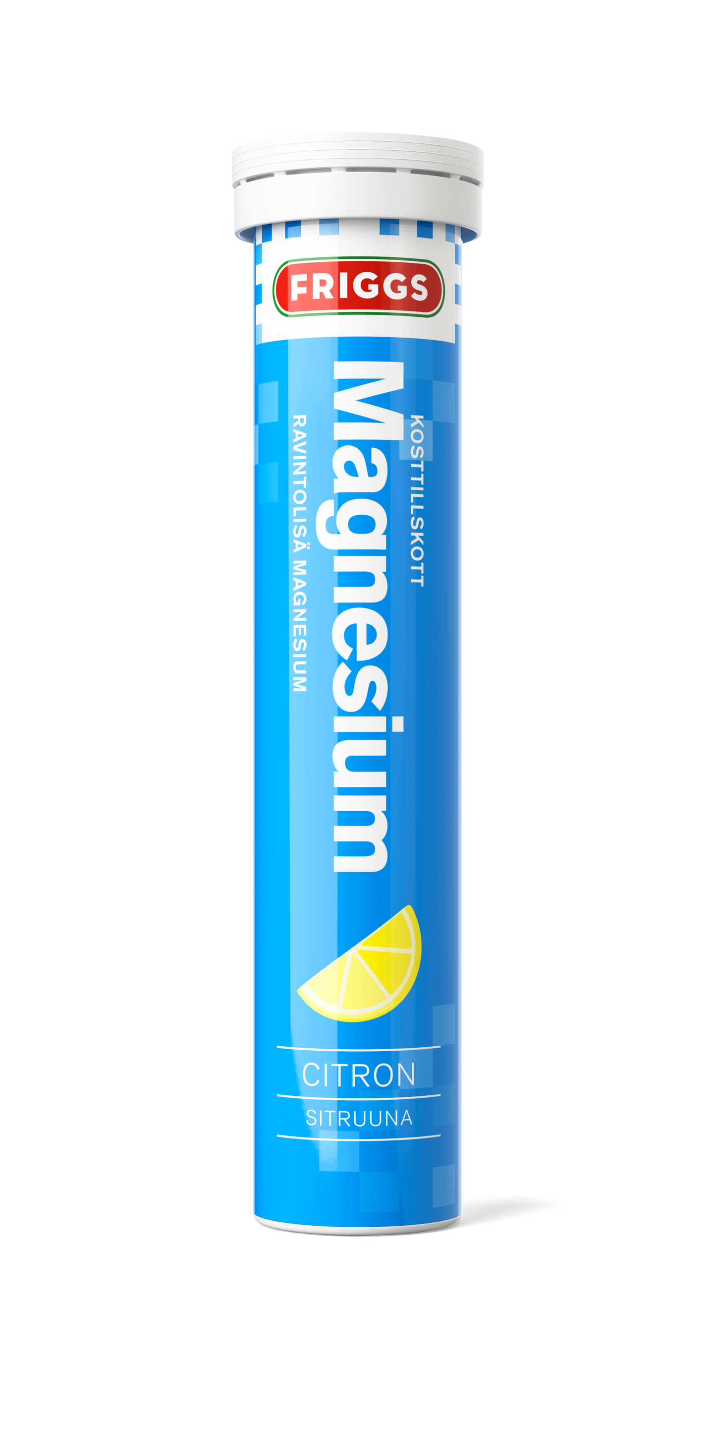 Sininen Friggs Magnesium -poretablettiputkilo sitruunanmaussa, etiketissä lukee Magnesium, sitruunaviipalekuva ja raikas sitrusvivahde; putkilo lieriömäinen kiiltäväpintaista muovia valkoisella korkilla; etikettiteksti selkeällä groteskikirjasimella; tausta valkoinen ilman ihmisiä tai esineitä; kuva suoraan edestä otettu tuotekuva.
