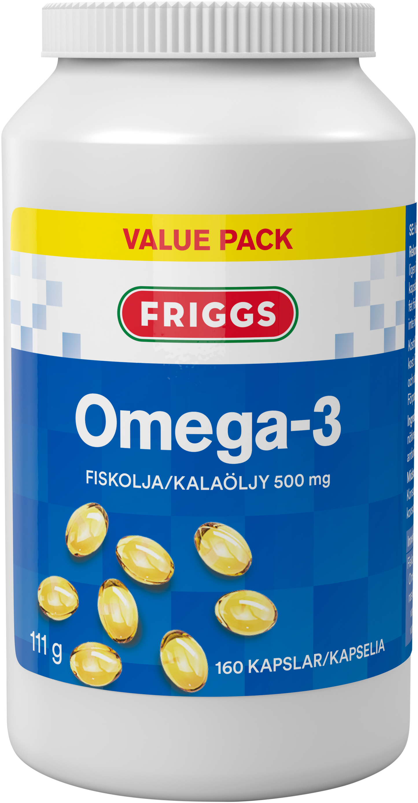 Friggs Omega-3 -pullo on valkoinen, mattapintainen ja lieriömäinen kierrekorkillinen muovipullo; etiketissä keltaisia kapselikuvituksia sekä maininnat 160 kapselia ja annostus 500 mg kalaöljyä, teksti kertoo pakkauksen olevan säästöpakkaus; teksti on ruotsiksi ja suomeksi; pullo kuvattu pystyasennossa valkoisella taustalla.