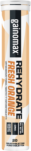 Gainomax Rehydrate Nesteytysporetabletti Fresh Orange -putkilo sisältää 20 poretablettia; lieriömäinen muoviputkilo mattapintaisella etiketillä oranssi-valkoisessa värimaailmassa ja lihavoidulla groteskikirjasimella; etiketti korostaa B12-vitamiinia ja sinkkiä pääraaka-aineina; tuote kuvattu yksinkertaisella taustalla ilman ihmisiä.