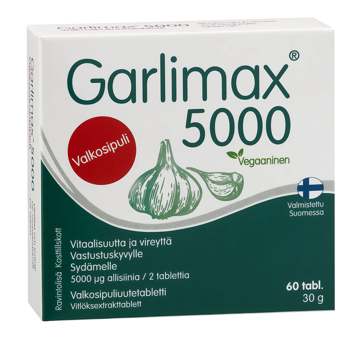 Garlimax 5000; laatikko Garlimax 5000 -valkosipulitabletteja; suorakulmainen pakkaus valkoinen ja vihreä mattapinnalla, etupuolella kuvia valkosipulinkynsistä; teksti sisältää "Garlimax 5000" isoin lihavoiduin kirjaimin sekä suomenkielistä tekstiä; ainesosat ja luku "60" näkyvissä; etiketti ilmoittaa tuotteen vegaaniseksi ja Suomessa valmistetuksi; ei ihmisiä tai käsiä kuvassa, pelkistetty tausta, tuote keskitettynä.