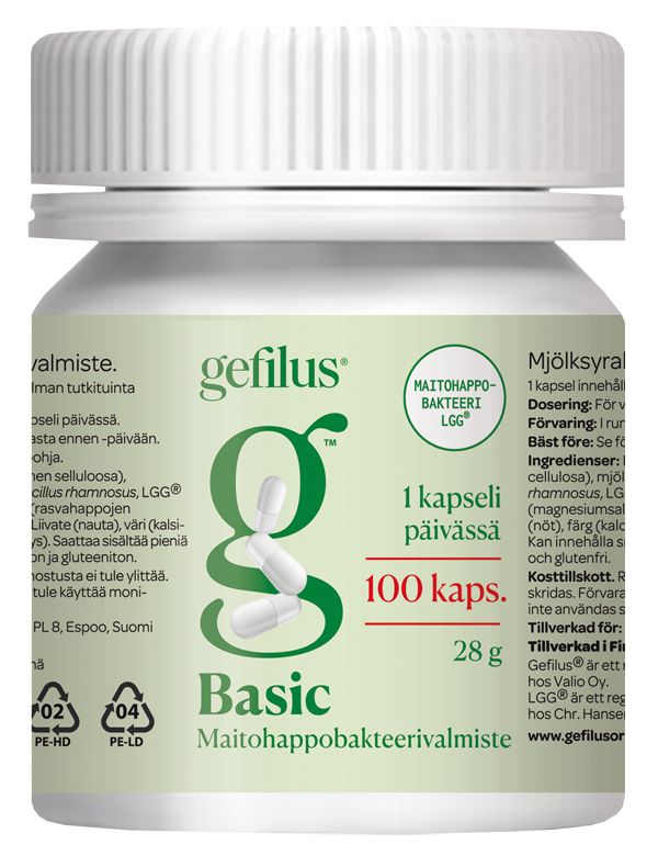 Gefilus Basic -probioottikapselipullo, valkoinen muovipullo mattapinnalla, sylinterimäinen muoto ja valkoinen kierrekorkki; etiketissä vihreää ja mustaa suomenkielistä tekstausvapaata tekstiä, kolme valkoista kapselikuvitusta sekä huomiota herättävä vihreä "g"-symboli; etiketti kietoutuu tasaisesti pullon ympärille; ei ihmisiä tai käsiä näkyvissä; keskikokoinen lähikuva koko tuotteesta.