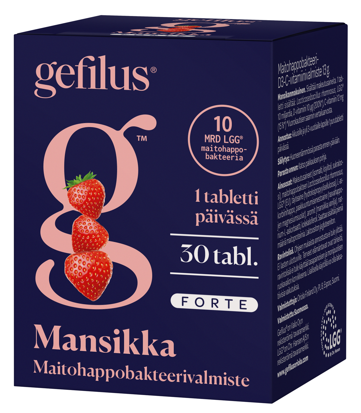 Gefilus Forte Purutabletti Mansikka; tummansininen Gefilus-rasia mansikan makuisia probioottitabletteja, etuosassa kolme pinottua mansikkaa ison g-kirjaimen päällä ja suomenkielinen teksti korostaen tuotteen probioottihyötyjä; pakkaus suorakulmainen matalla pinnalla, yksinkertaista valkoista groteskikirjasinta, tuotenimi ”Gefilus”; tausta neutraali ja pelkistetty, ei ihmisiä tai käsiä.