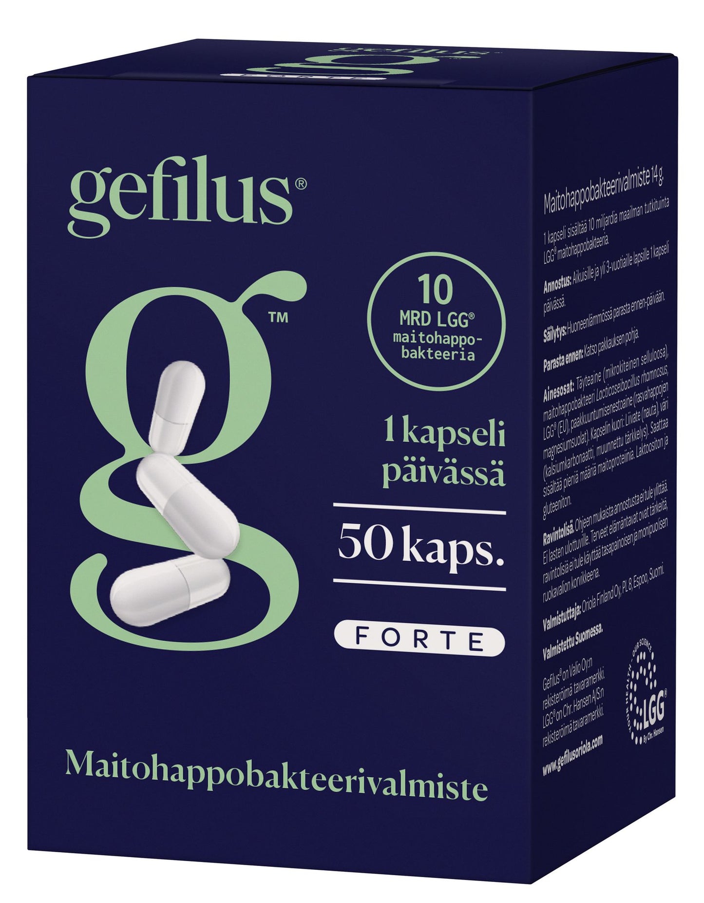 Gefilus Forte kapseli; rasia Gefilus-probioottikapseleita valkoisilla kapseleilla, merkitty 1 kapseli päivässä, 50 kaps., FORTE, sekä suomenkielistä annostus- ja sisältötietoa; pakkaus tummansininen vihrein ja valkoisin groteskitekstein matalla pinnalla; rasia suorakulmainen; ei ihmisiä tai käsiä, kuva tasaista taustaa vasten.