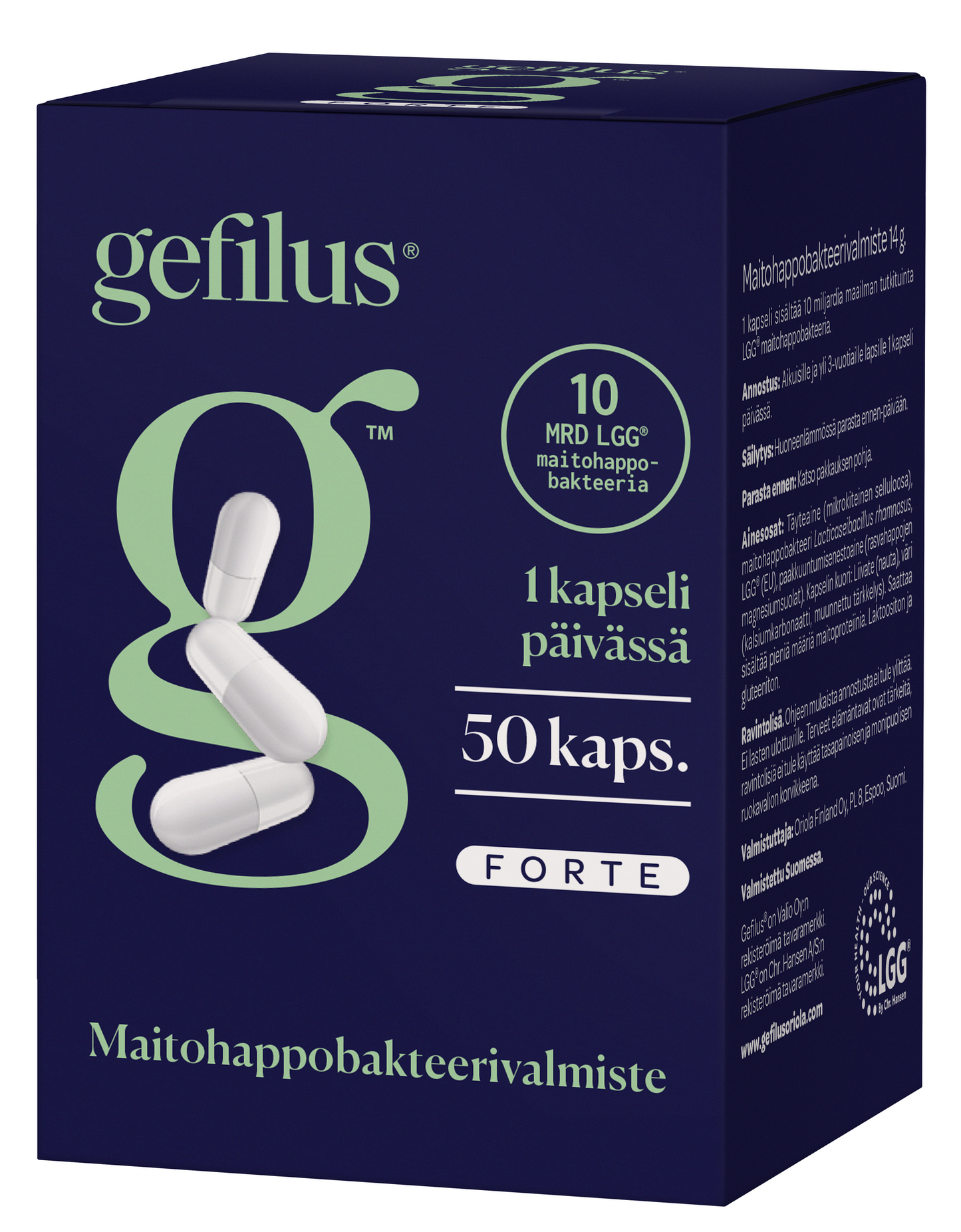 Gefilus Forte kapseli; rasia Gefilus-probioottikapseleita valkoisilla kapseleilla, merkitty 1 kapseli päivässä, 50 kaps., FORTE, sekä suomenkielistä annostus- ja sisältötietoa; pakkaus tummansininen vihrein ja valkoisin groteskitekstein matalla pinnalla; rasia suorakulmainen; ei ihmisiä tai käsiä, kuva tasaista taustaa vasten.