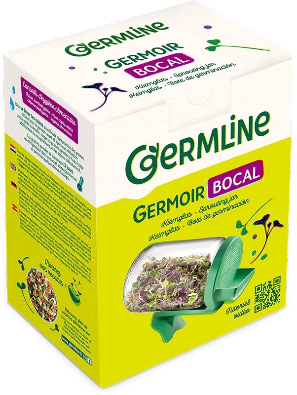 Germline Germoir Bocal; vihreä-keltainen rasia, jossa kuvia itävistä siemenistä ja idätysastiasta; pahvipakkaus mattapinnalla ja tuoreiden itujen kuvituksin; teksti painettu usealla kielellä groteskifontilla; ei ihmisiä tai käsiä; neutraali tausta, tavanomainen tuotekuva.