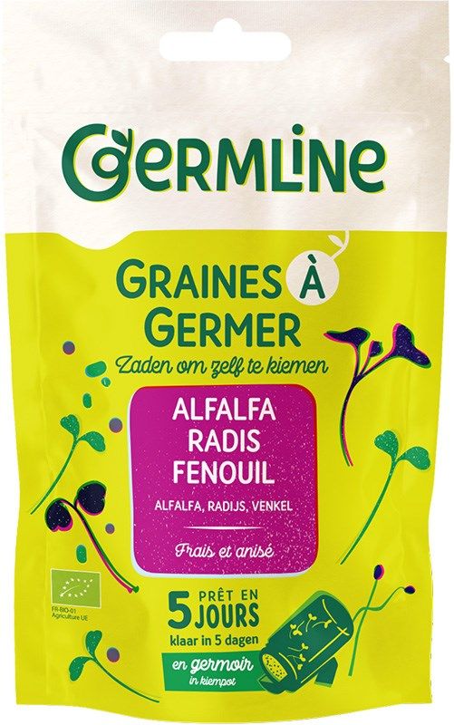 Germline Luomu Alfalfa-Retiisi-Fenkolinsiemen Mix -itämissiemenet; eloisia vihreitä ja violetteja idunkuvituksia; mattapintainen pakkaus läpinäkyvällä ikkunalla; teksti ranskaksi, hollanniksi ja englanniksi, mainitsee sadonkorjuun 5 päivässä; tuotenimi suurella groteskifontilla; vaalea tausta, ei ihmisiä tai käsiä.