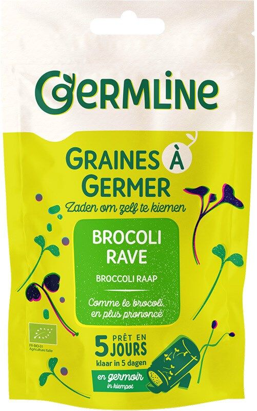 Germline Luomu Varsiparsakaalinsiemen -itämissiemenet; pakkauksessa vihreitä ja violetteja kuvituksia idusta ja katkaistusta varresta sekä ranskan- ja hollanninkielistä tekstiä tuoteominaisuuksista ja ihanteellisesta kasvatusajasta; suorakulmainen, mattapintainen pakkaus; pääteksti lihavoidulla groteskifontilla yläosassa; tuote kuvattu pystyssä vaalealla taustalla tasaisessa valaistuksessa; ei ihmisiä tai käsiä.