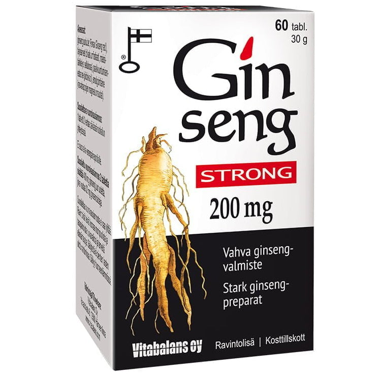 Ginseng Strong; pakkaus Ginseng Strong 200 mg -tabletteja, etuosassa ginsengjuurikuva ja monikielinen teksti korostaen tehokkuutta ja hyötyjä; pakkaus suorakaiteen muotoinen kiiltäväpinnalla, päävärit valkoinen ja punainen; lihavoitu groteskityypografia esittää tuotenimen ja annostuksen; pakkaus pahvia; ei ihmisiä tai käsiä; neutraali studiotausta.