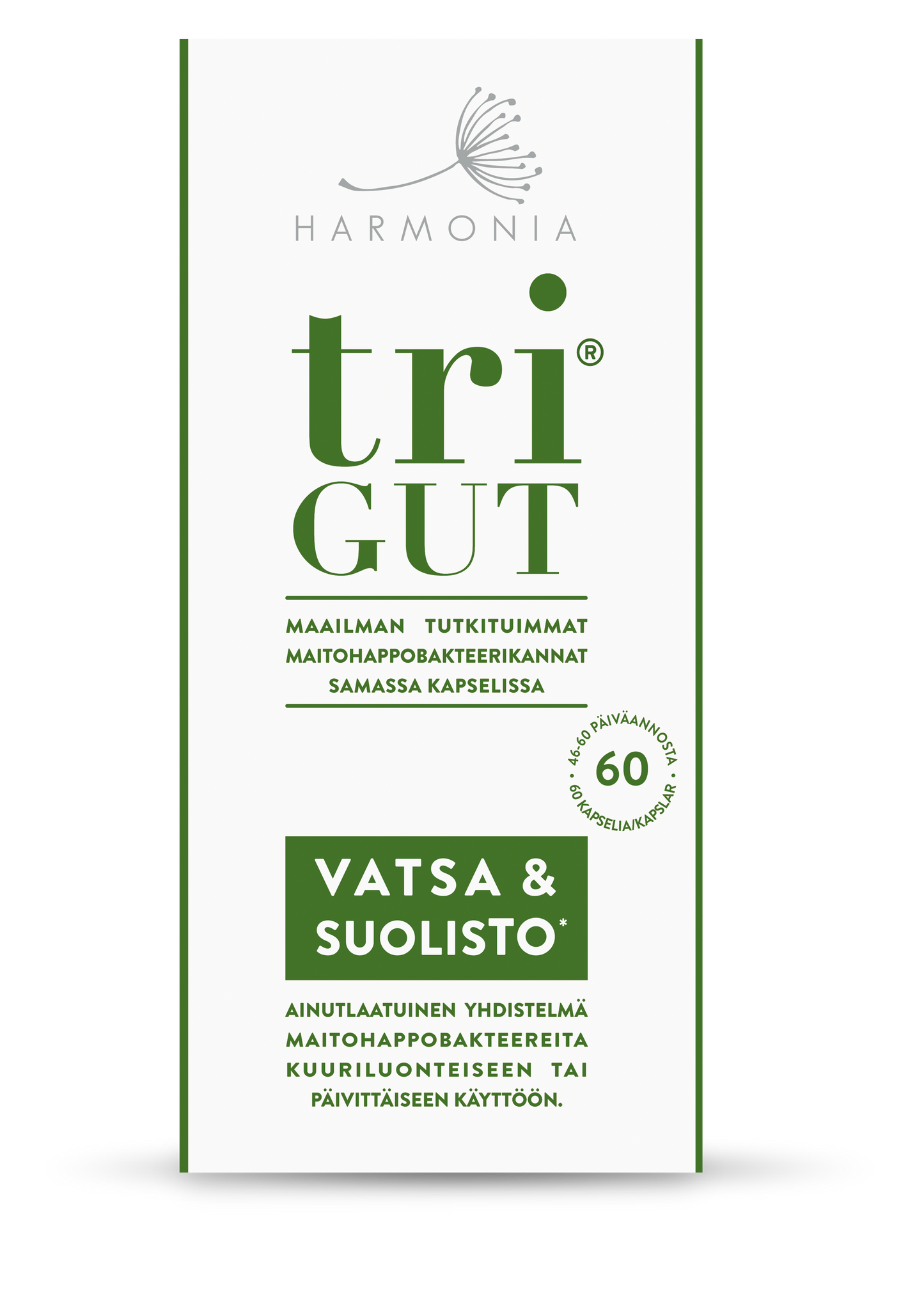 Harmonia triGUT; valkoinen probioottipakkaus suomeksi, korostaa suolistoterveyttä ja hyvinvointia, sisältää 60 kapselia; suorakulmainen pahvilaatikko mattapinnalla, pääväreinä vihreä ja valkoinen; painettu teksti groteskikirjasimella kertoo ainutlaatuisista probioottikannoista päivittäiseen tai kuurikäyttöön; tuote kuvattu yksivärisellä taustalla ilman ihmisiä.