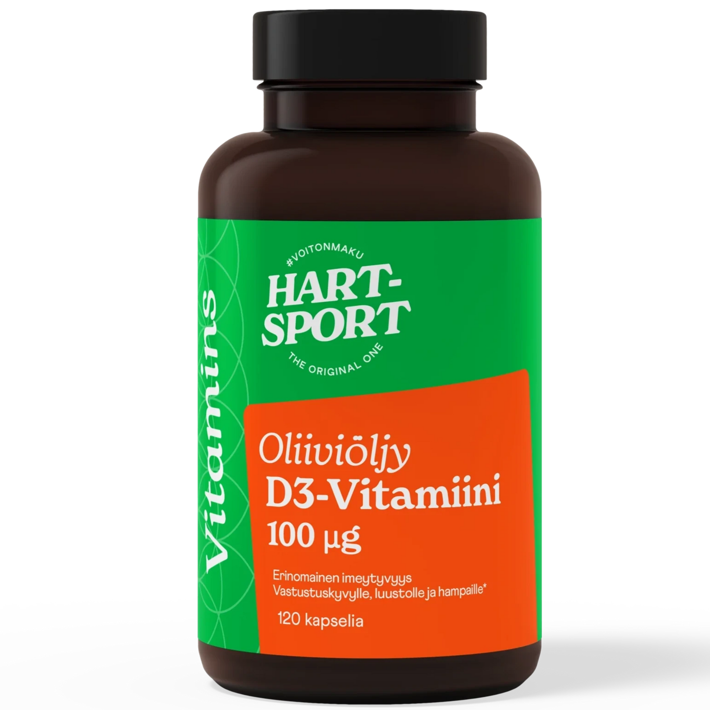 Hart-Sport D3-vitamiini 100 mikrog, ruskea pullo tekstillä "Hart-Sport Oliiviyöljy D3-Vitamiini 100 µg, 120 kapselia" vihreä-oranssilla brändäyksellä, sisältää D3-vitamiinikapseleita oliiviöljyn kera; pullo sylinterimäinen kiiltäväpintainen valkoisella kierrekorkilla; etiketti lihavoitua groteskifonttia; tausta valkoinen, kuvassa vain tuote ilman ihmisiä tai muita esineitä.