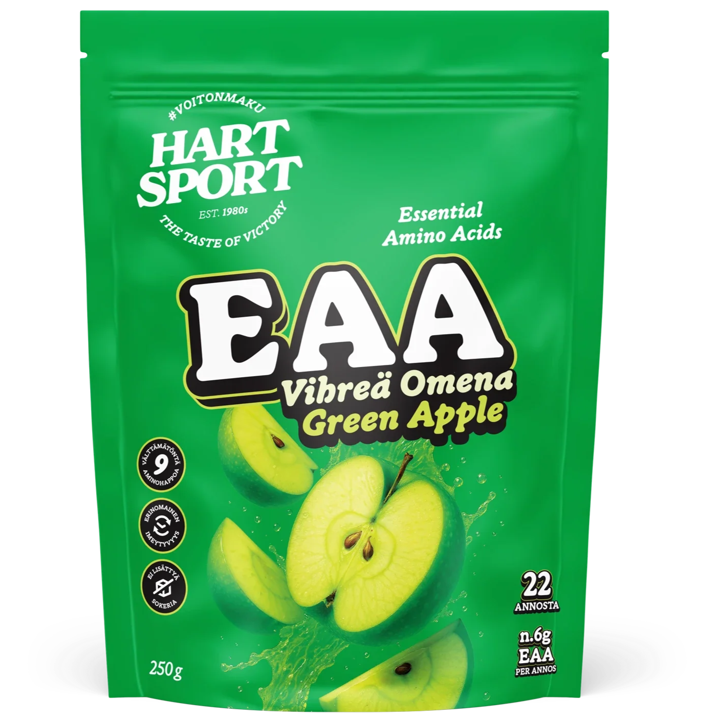 Hart-Sport EAA Green Apple; vihreä pussi Hart Sport EAA -jauhetta, virkistävä vihreän omenan maku ja kuvia viipaloiduista vihreistä omenoista etusivulla; pakkaus korostaa aminohappoja, 22 annosta ja 250 g:n nettopainoa; pussi kiiltäväpintainen uudelleensuljettavalla yläreunalla, lihavoitua valkoista ja tummaa tekstiä; tausta tasainen valkoinen, tuote keskitettynä, ei ihmisiä tai käsiä näkyvissä.