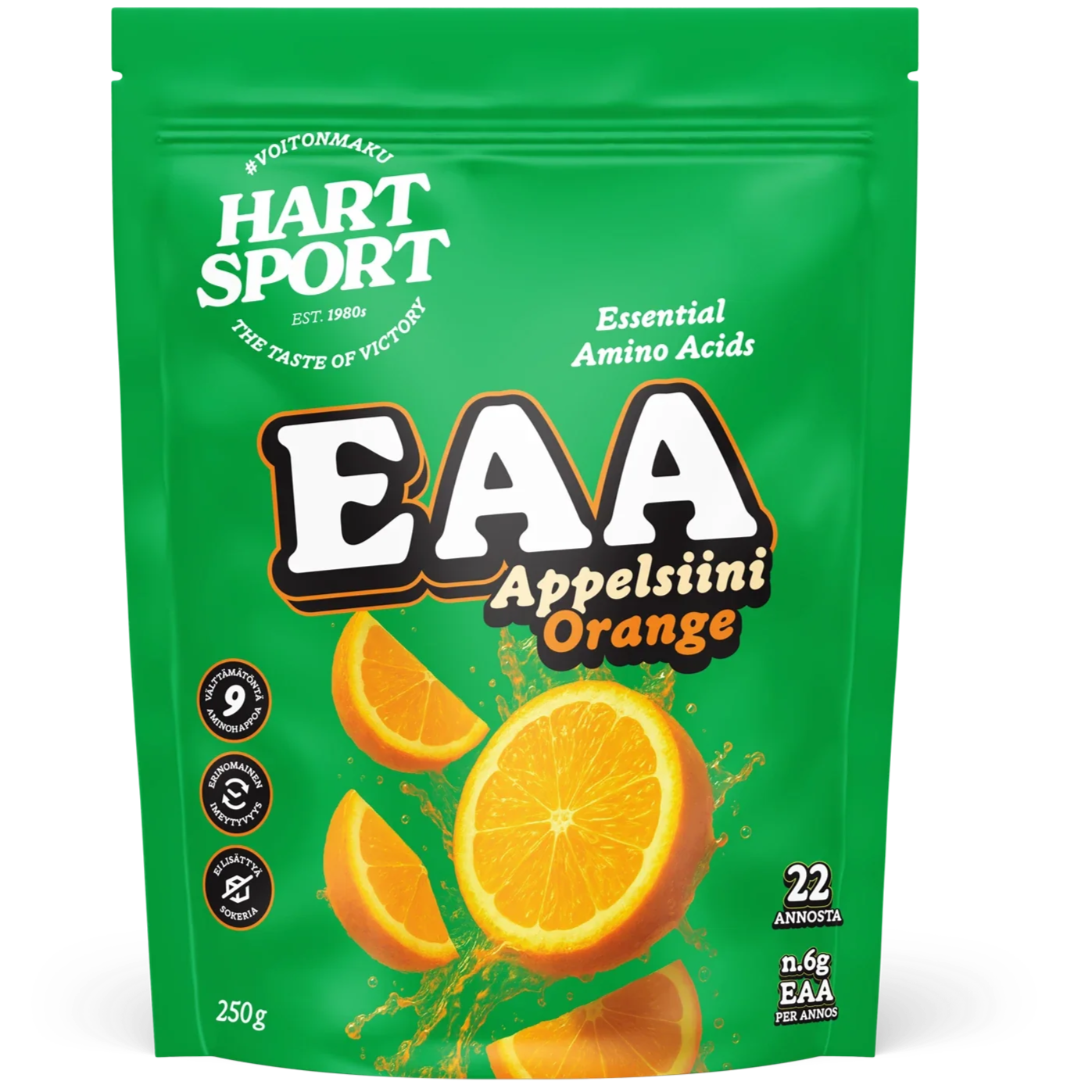 Hart-Sport EAA Orange; vihreÀ pussi Hart Sport EAA Appelsiini Orange -tuotetta, kuvituksena roiskuvia appelsiiniviipaleita; pussi on mattapintainen, suorakulmainen suljetulla ylÀ- ja alasaumalla; etiketissÀ lihava groteskiteksti kertoo vÀlttÀmÀttömistÀ aminohapoista, 22 annoksesta, 250 g:n pakkauskoosta ja 6 g:sta EAA:ta annosta kohden; tuoteominaisuuksien kuvakkeet aseteltu vaakariviin; valkoinen tausta, ei ihmisiÀ tai kÀsiÀ nÀkyvissÀ.