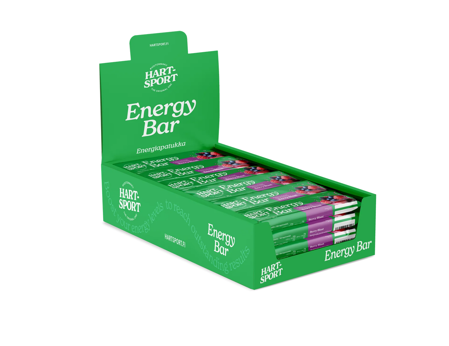 Hart-Sport Energy Bar Berry Blast; vihreä suorakaiteen muotoinen pahvirasia mattapinnalla sisältää useita proteiinipatukoita kahdessa rivissä, osa kääreistä osittain näkyvissä avoimesta etureunasta; etiketissä teksti ”Hart Sport Energy Bar” lihavoidulla valkoisella ja punaisella tikkukirjasimella etupaneelissa; ei ihmisiä tai taustaelementtejä näkyvissä; lähikuva tuotteesta.