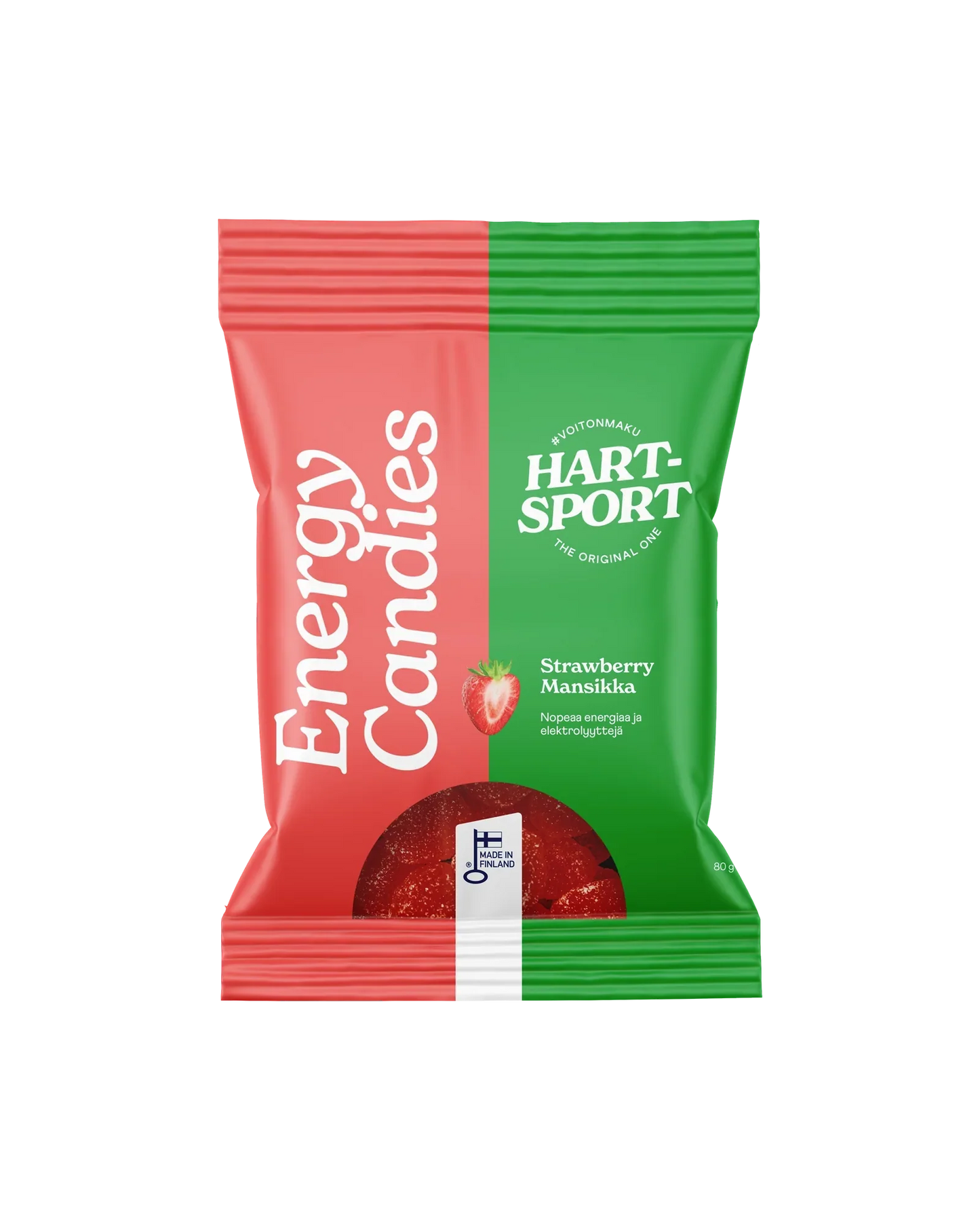 A red and green bag of HART SPORT Energy Candies featuring a strawberry image and bold text highlighting the strawberry flavor. The vertically split package design displays product information in white font, emphasizing these energizing candies. Matte plastic bag, upright rectangular shape, glossy finish on some sections. “STRAWBERRY ENERGY CANDIES” in uppercase white sans-serif letters across a red section; HART SPORT logo at the top on a green panel. No people or hands visible; plain white background
