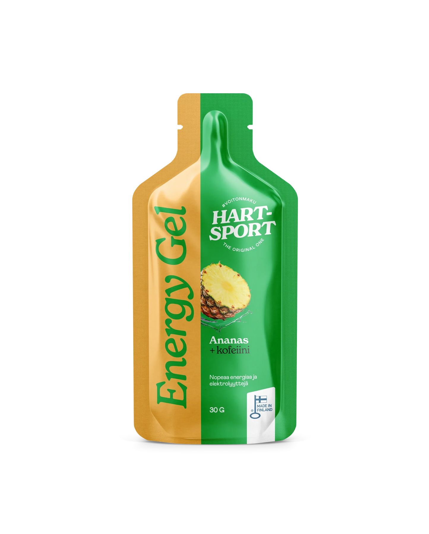 Hart-Sport Energy Gel Ananas + Kofeiini; vihreä ja keltainen HART SPORT Energy Gel -pussi, kuvituksena ananas ja suomenkielinen teksti "Ananas + kofeiini", paino 30 g sekä sininen High5-logo oikeassa alakulmassa; pussi kiiltäväpintainen ja suorakulmainen lovetuin reunoin; tuotenimi lihavoiduin suuraakkosin; tausta yksinkertainen, ei ihmisiä näkyvissä.