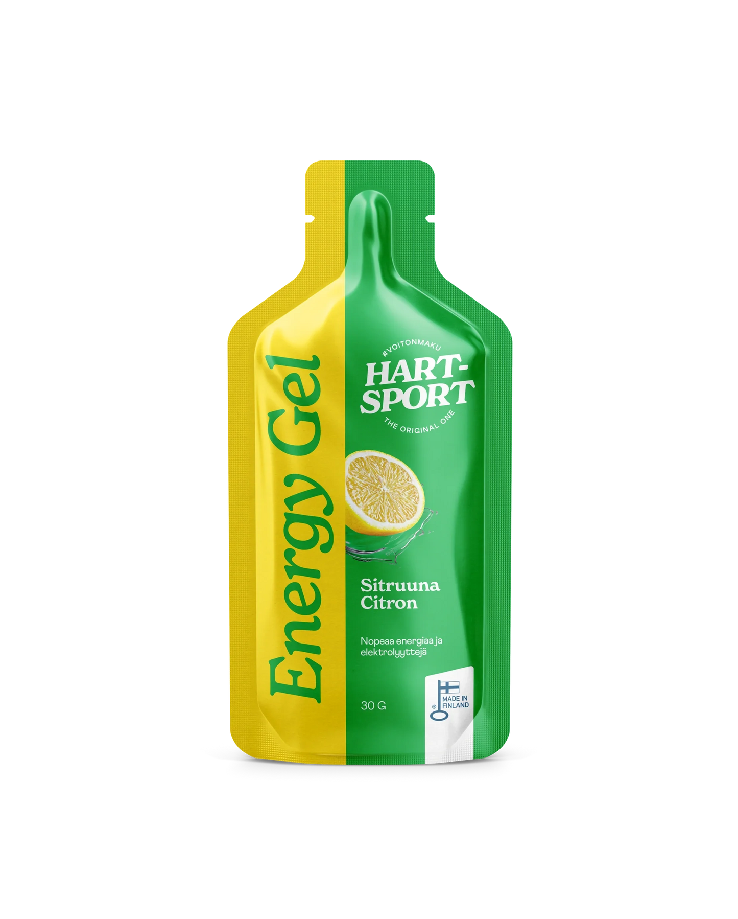 Hart-Sport Energy Gel Sitruuna; keltainen ja vihreä energiageelipussi Hart-Sport-brändillä, kuvituksena sitruuna sekä teksti "Sitruuna Citron" ja "Energy Gel"; suorakulmainen muovipussi repäisyavauksella, pinta kiiltävä; lihavoitu groteskityyppi valkoisin ja mustin sävyin; nettopaino ilmoitettu 30 g; ei käsiä eikä ihmisiä näkyvissä; tausta neutraali, tuote keskitetty kuvaan.