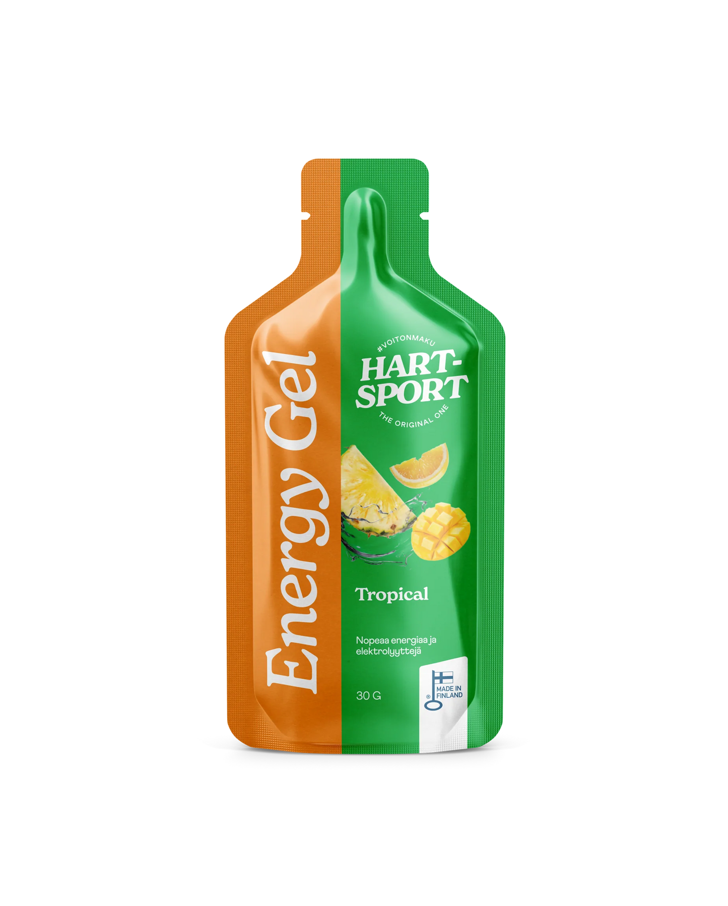 Hart-Sport Energy Gel Tropical; 30 g:n Hart-Sport Tropical Energy Gel -pussi, jossa eloisia kuvia ananaksesta, appelsiinista ja mangosta etusivulla; taipuisa muovipakkaus jaettu vinosti oranssiin ja vihreään osaan mattapinnalla ja valkoisella kierrettävällä korkilla; lihavoitua groteskitekstiä etiketissä; tausta tasainen valkoinen; ei ihmisiä tai käsiä kuvassa; suoraviivainen tuotekuva.