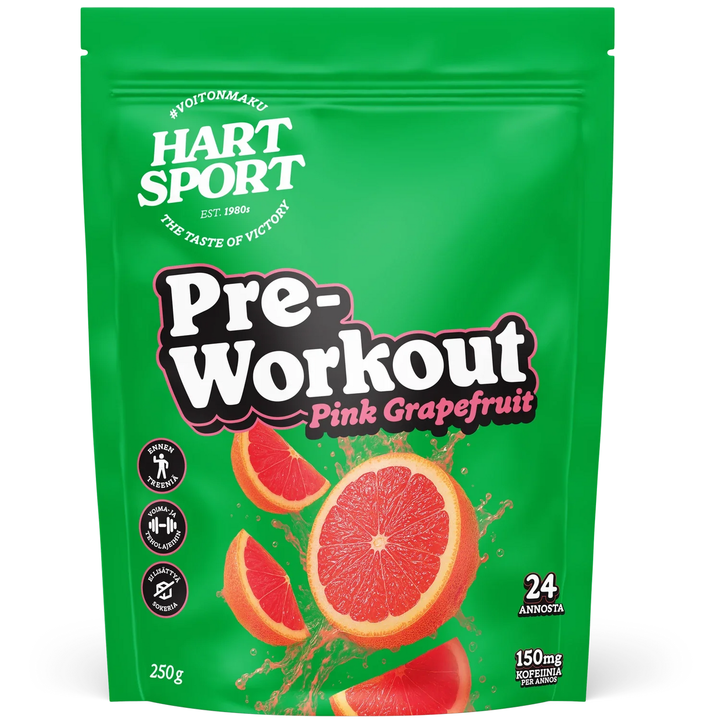 Hart-Sport Pre-Workout Pink Grapefruit; vihreä Hart Sport Pre-Workout Pink Grapefruit -pussi viipaloitua greippiä, treeni- ja kofeiinikuvakkeita sekä tekstiä 24 annoksesta, 250 grammasta ja 150 mg kofeiinista annosta kohti; pussi pääosin vihreä vaaleanpunaisin korostuksin, matta ja pystyssä seisova joustava muoto; lihavoitu groteskikirjasin pääetiketissä; tasainen tausta, ei ihmisiä tai käsiä.