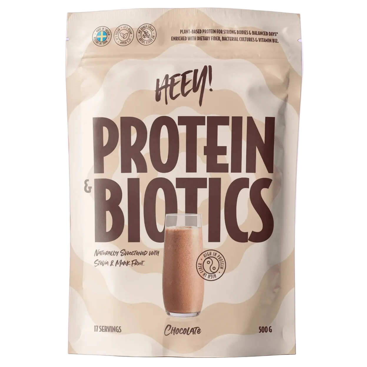 Heey! Protein & Biotics Chocolate -proteiinijauhepussi, 500 g, kasviproteiinia ja bakteerikantoja, 17 annosta