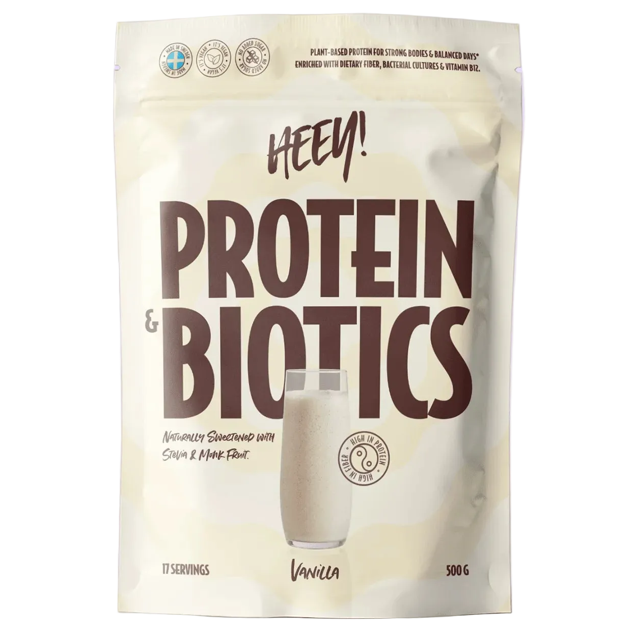 Pussi (etukuva): Heey! Protein & Biotics Vanilla -proteiinijauhepussi, 500 g, kasviproteiinia ja bakteerikantoja, 17 annosta