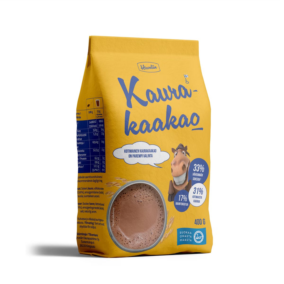 Keltainen 400 g:n Moottikaura Kaura-kaakao -kaurakaakaojauheen pakkaus, jossa on sarjakuvahevonen, ravintotietoja, lasillinen kermaista kaakaota ja suomenkielistä tekstiä. Suorakulmainen pystyssä oleva laatikko mattapinnalla; päävärinä keltainen ruskein ja valkoisin graafisin yksityiskohdin. Pääteviivatonta typografiaa on korostetusti etupuolella. Tuote seisoo pelkistetyllä taustalla; ihmisiä tai käsiä ei näy kuvassa.