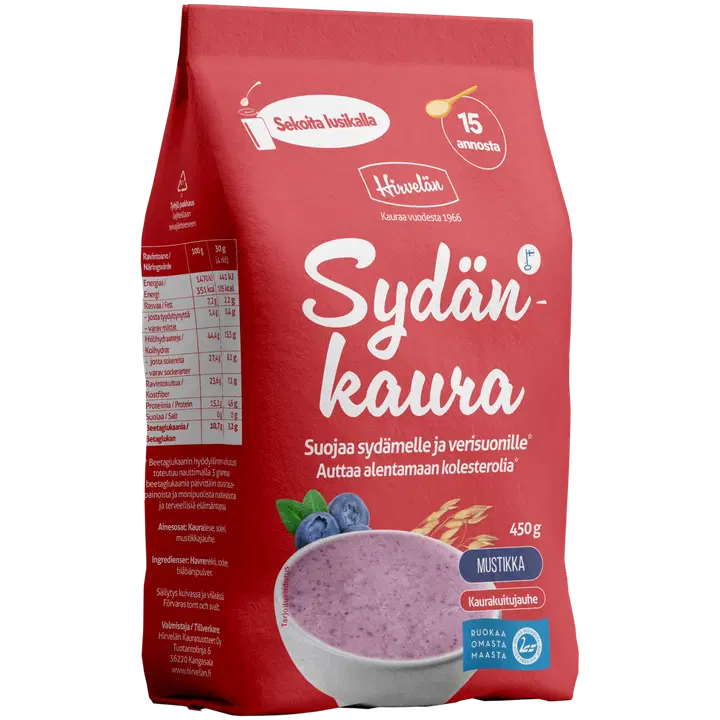 Hirvelän Sydänkaura Mustikka: punainen 450 g:n Sydänkaura-mustikkakaurasekoituspakkaus; etuosassa mattapintainen kuva kulhosta valmista puuroa ja kokonaisia mustikoita; pakkauksen muoto on suorakulmainen, tuotenimi ja terveyshyötyjen korostukset painettu lihavoidulla suomenkielisellä groteskikirjasimella; tausta on yksinkertainen ja neutraali, ei ihmisiä tai käsiä näkyvissä.