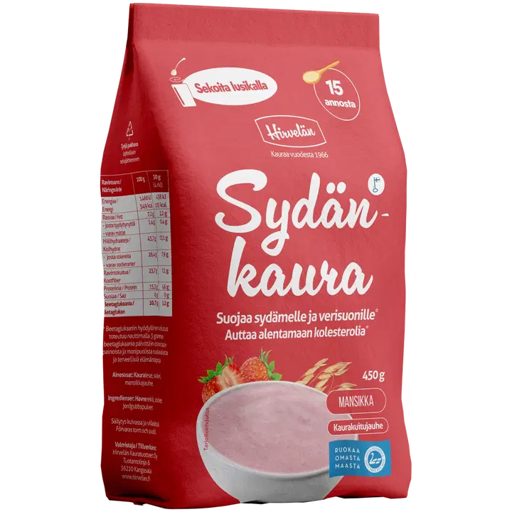 Hirvelän Sydänkaura Mansikka: punainen 450 g:n Sydänkaura-kaurajuomajauhepakkaus mansikan makuisena, suomenkielinen teksti ja eloisa kuva vaaleanpunaisesta smoothiesta valkoisessa kulhossa etuosassa; pakkaus on suorakulmainen mattapinnalla, lihavoitu valkoinen groteskikirjasin brändinimelle; tuote seisoo pystyssä valkoista taustaa vasten studioympäristössä; ei ihmisiä tai käsiä näkyvissä.