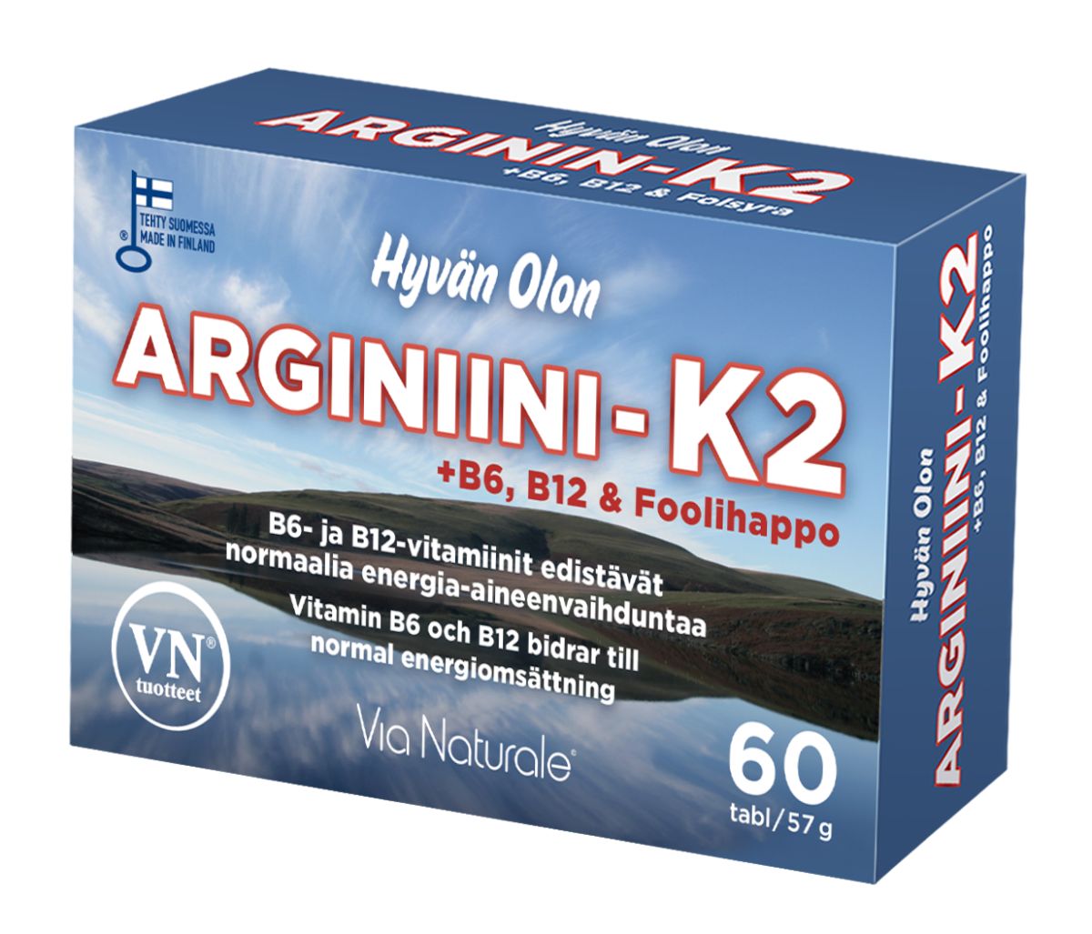 Hyvän Olon ARGiniini-K2 -pakkaus, sininen-valkoinen, 60 tablettia, suomenkielinen teksti arginiinista sekä B6-, B12- ja foolihaposta energia-aineenvaihdunnan tueksi; mattapintainen pahvirasia