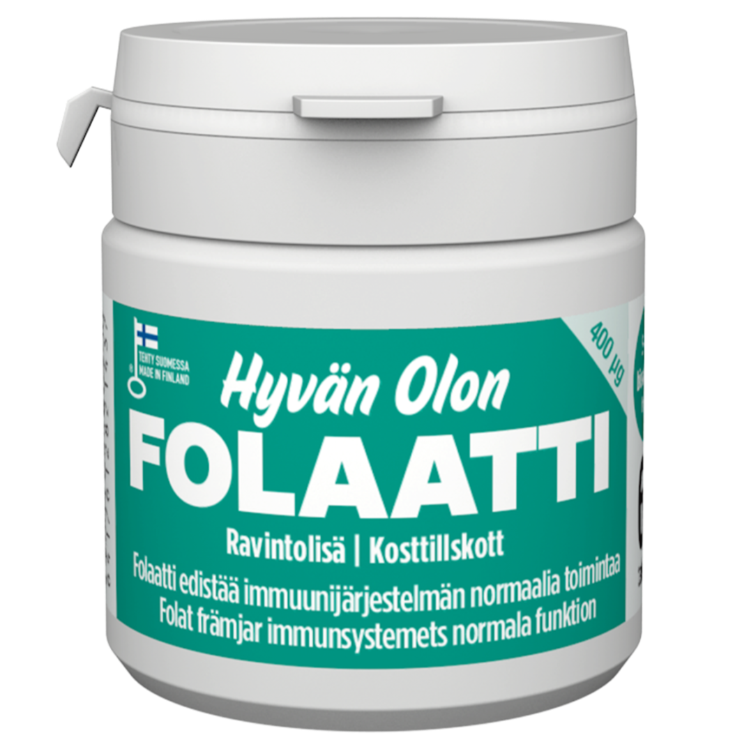 Hyvän Olon Folaatti; valkoinen muoviastia Hyvän Olon Folaatti -ravintolisää suomen- ja ruotsinkielisin tekstein, merkitty 400 µg, tukee normaalia immuunijärjestelmän toimintaa ja folaatin saantia; astia lieriömäinen mattapinnalla ja kierrekansi; etiketissä sinistä ja vihreää tekstiä yksinkertaisella tikkukirjasimella; tausta tasainen valkoinen, ei ihmisiä tai muita esineitä; kuva keskitetty tuotteeseen.