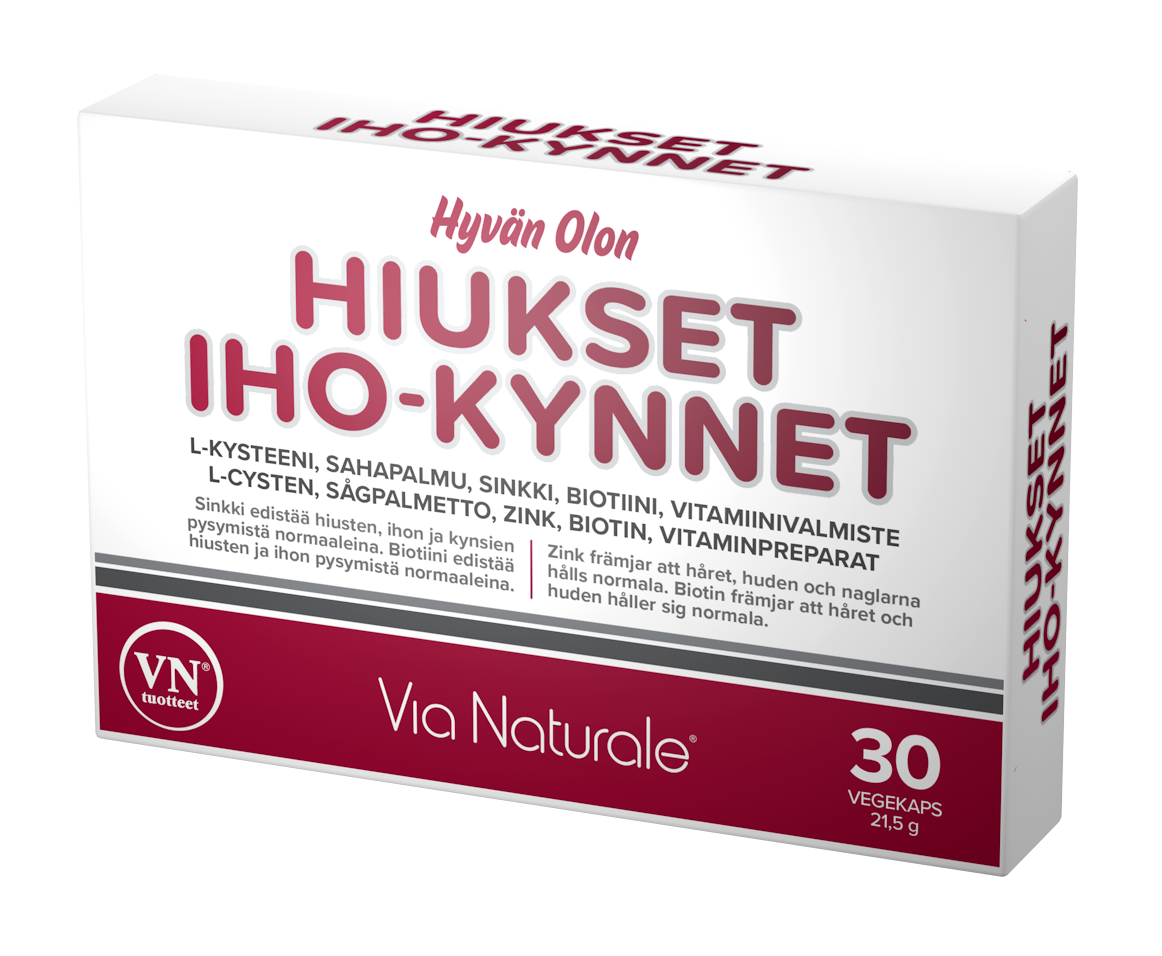 Hyvän Olon Hiukset - Iho - Kynnet; ravintolisäpakkaus hiuksille, iholle ja kynsille, suomenkielisin tekstein, sisältää 30 kasvikapselia päivittäiseen kauneuden tukemiseen; suorakulmainen laatikko pääosin valkoinen, turkoosein ja pinkein korostein, mattapinta ja selkeä groteskikirjasin; ei ihmisiä tai käsiä näkyvissä; tausta pehmeästi valaistu, laatikossa suurella tuotteen nimi.