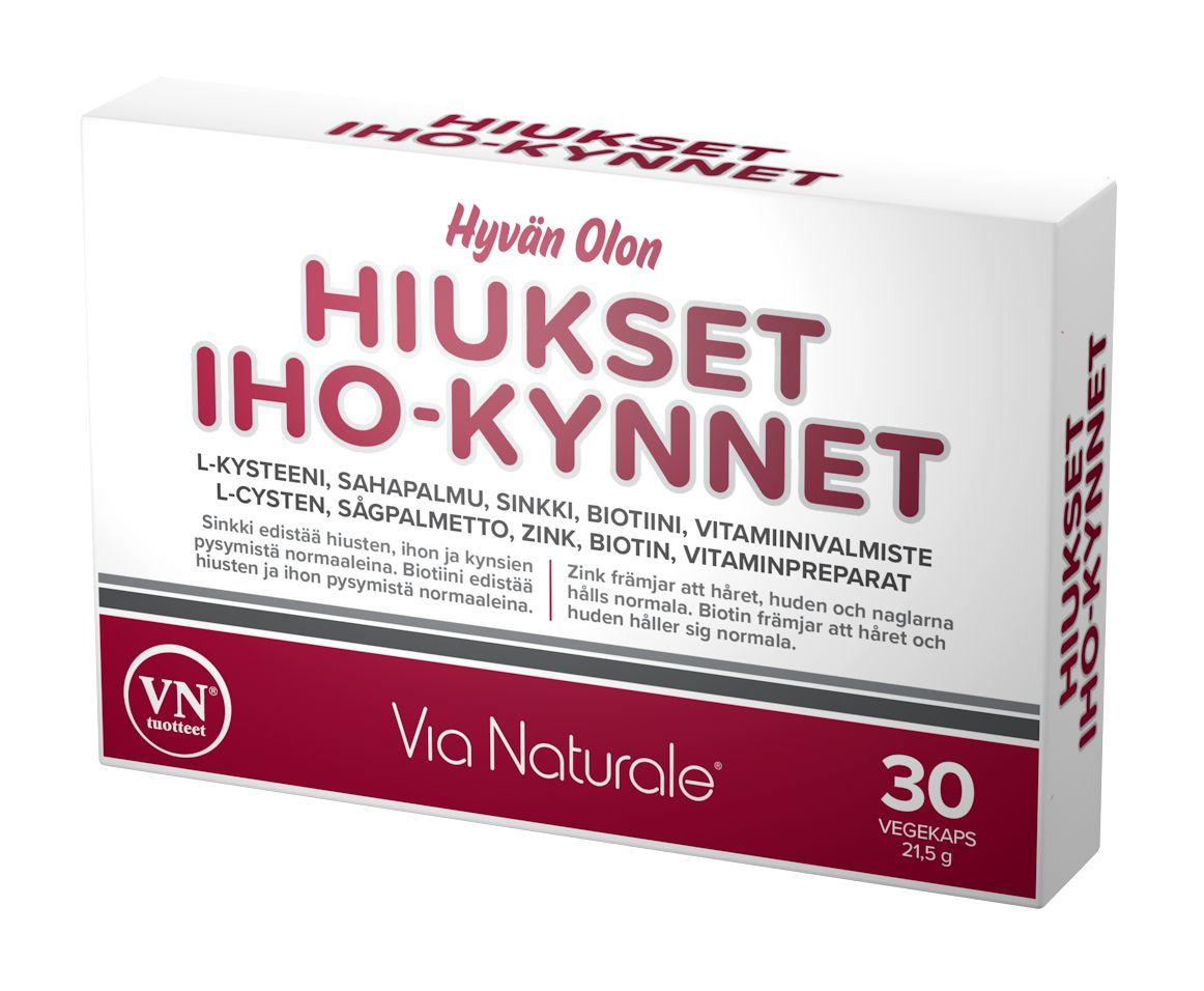 Hyvän Olon Hiukset - Iho - Kynnet; ravintolisäpakkaus hiuksille, iholle ja kynsille, suomenkielisin tekstein, sisältää 30 kasvikapselia päivittäiseen kauneuden tukemiseen; suorakulmainen laatikko pääosin valkoinen, turkoosein ja pinkein korostein, mattapinta ja selkeä groteskikirjasin; ei ihmisiä tai käsiä näkyvissä; tausta pehmeästi valaistu, laatikossa suurella tuotteen nimi.