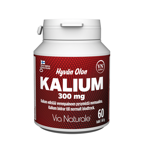 Hyvän Olon Kalium 300 mg; valkoinen sylinterinmuotoinen muovipurkki, sileä mattapinta, kuvattu punaisella taustalla; etiketissä lihavoitua groteskitekstiä sekä suomen- että ruotsinkielisin merkinnöin; brändäys näkyy etiketin yläosassa; pakkaus sisältää 60 tablettia; ei ihmisiä tai muuta toimintaa näkyvissä, lähikuva tuotteesta.