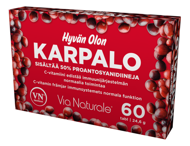 Hyvän Olon Karpalo; punainen suorakulmainen pahvilaatikko karpalolisäravinnetta mattapinnalla; etuosassa suomenkielistä tekstiä, karpalokuvia, mainintoja C-vitamiinista ja proantosyanidiineista sekä 60 tablettia; teksti on lihavoitua, pääosin valkoista ja keltaista punaisella pohjalla; ei ihmisiä tai käsiä näkyvissä; tuote kuvattu valkoisella taustalla suoraviivaisessa tuotekuvassa.