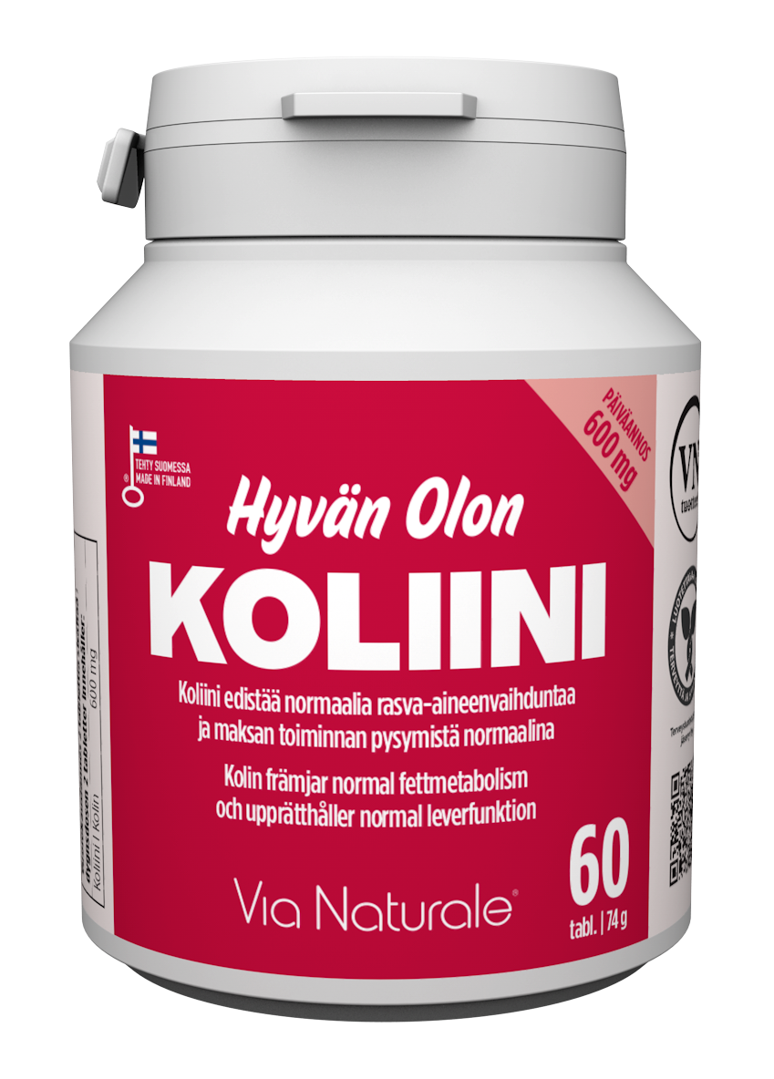 HyvĂ€n Olon Koliini; valkoinen pullo Via Naturale Koliini -ravintolisÀÀ lieriömĂ€isenĂ€ ja mattapintaisena punaisin ja valkoisin merkinnöin; etiketissĂ€ lihavoitua tikkukirjasinta; nĂ€kyvissĂ€ â60 tablettiaâ ja â600 mgâ korostettuna; suomen- ja englanninkielinen teksti korostaa rasva-aineenvaihdunnan ja maksan toiminnan tukea sekĂ€ yleistĂ€ hyvinvointia; ei ihmisiĂ€ tai kĂ€siĂ€ nĂ€kyvissĂ€, tausta tasainen, kuva keskitetty tuotteeseen.