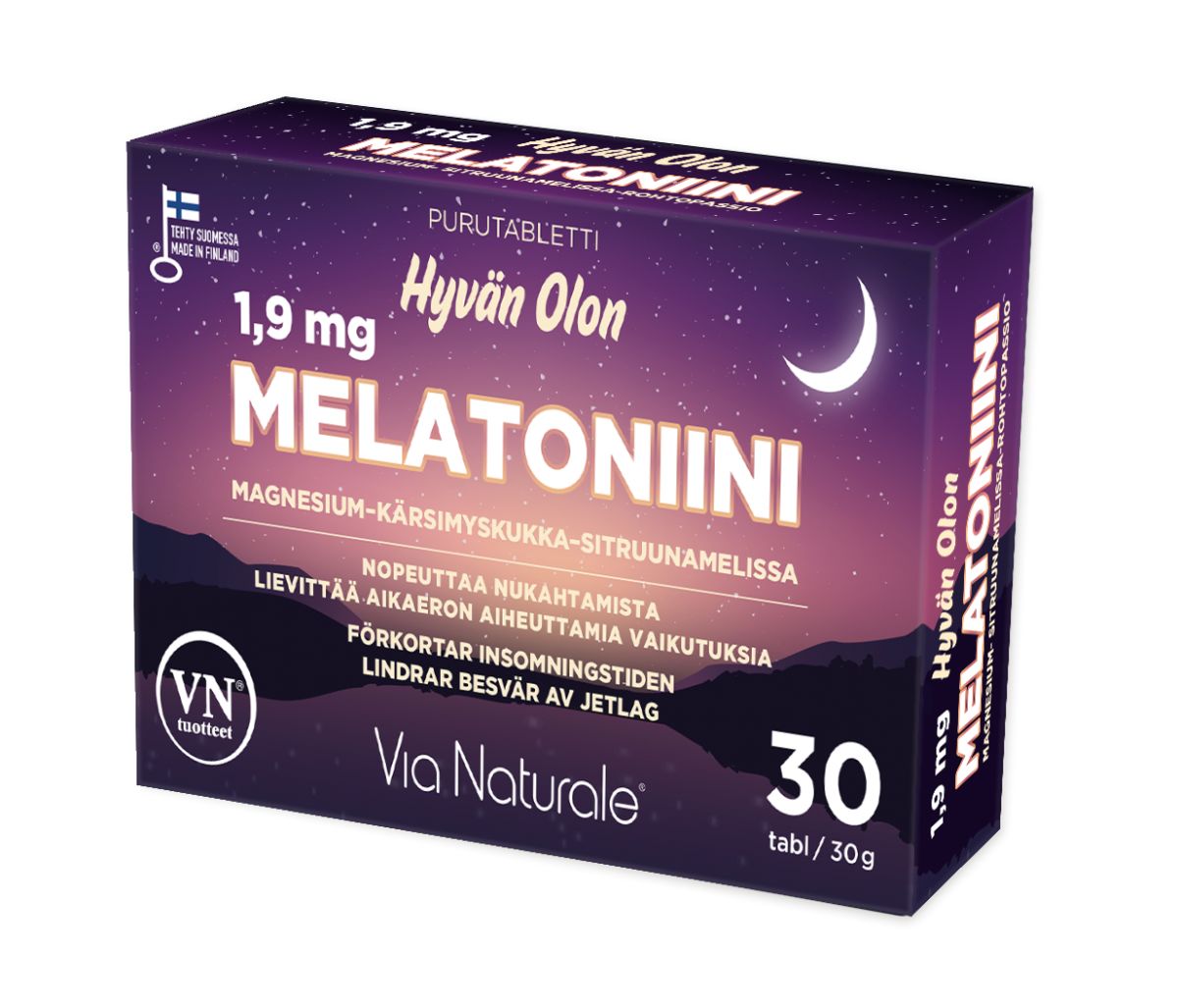 A purple rectangular box of Via Naturale Melatonin tablets, 1.9 mg, 30 tablets. The surface is matte, and the front displays a printed graphic of a night sky with crescent moon and stars. Sans-serif white and yellow typography in Finnish highlights dosage and suggested use. The shot shows only the box on a plain background; no people or other objects are present.