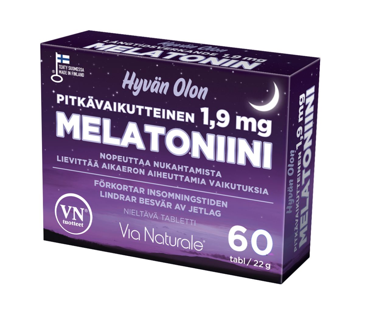 Hyvän Olon Pitkävaikutteinen Melatoniini 1,9 mg -pakkaus (Via Naturale), violetti, 60 tablettia, teksti suomeksi ja ruotsiksi; mattapintainen suorakulmainen rasia, lihavoitu valkoinen-keltainen groteskiteksti, unentuki ja aikaeromatkailu mainittu