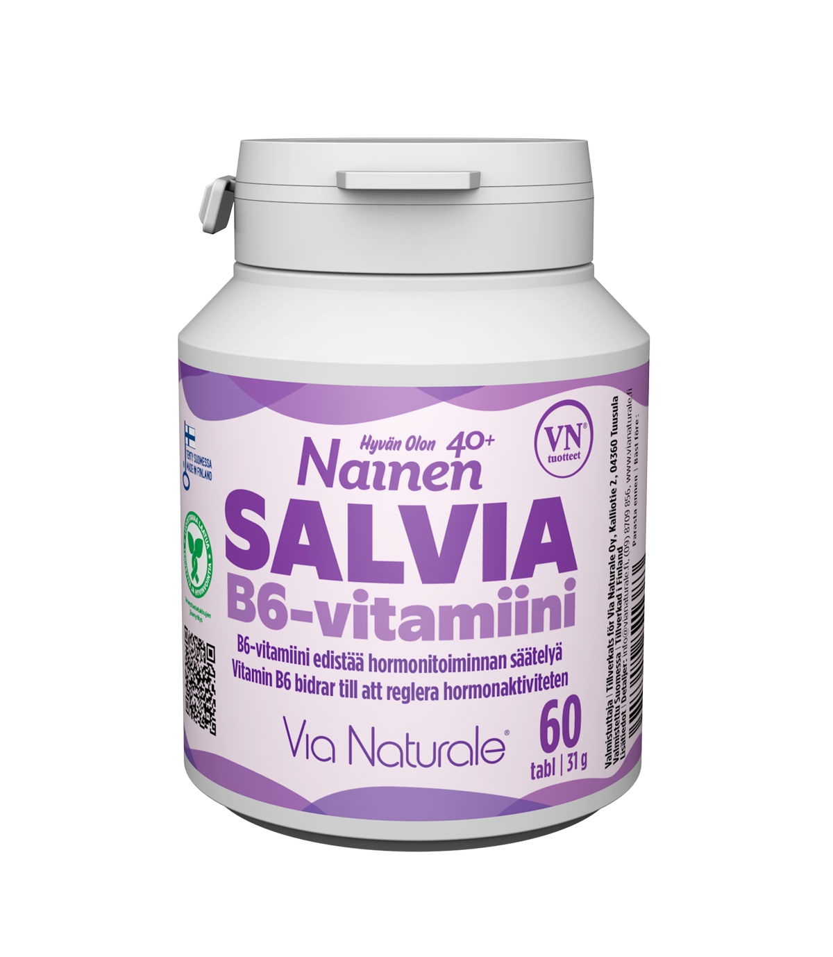Hyvän Olon Salvia B6-vitamiini; valkoinen muovipullo, violetti mattapintainen etiketti ja valkoinen kierrekorkki, sisältää 60 tablettia; etiketin teksti on suomeksi ja ruotsiksi, mainitsee hyödyt yli 40-vuotiaille naisille; lihavoitua groteskitypografiaa; tuote kuvattu vaalealla taustalla ilman käsiä tai muita esineitä.