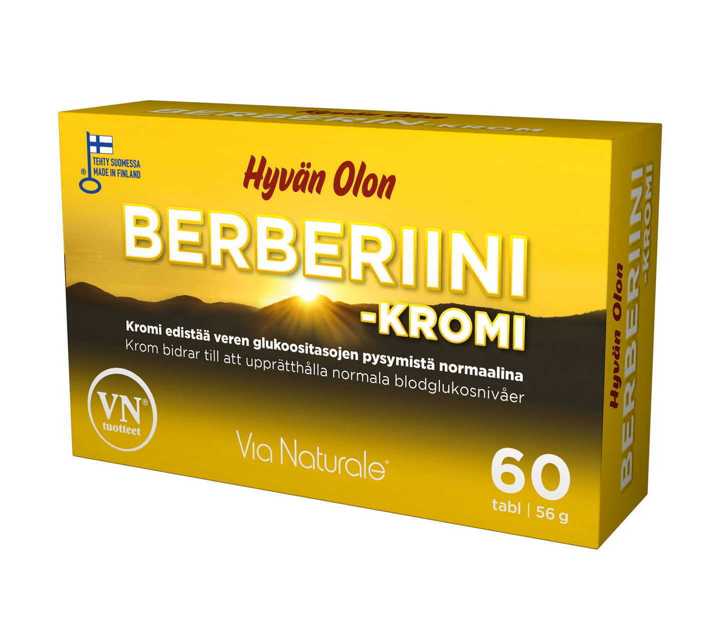 Keltainen rasia Via Naturale Berberiini-Kromi -ravintolisää, sisältäen 60 tablettia, koristeltu suomen- ja ruotsinkielisin tekstein. Suorakulmainen rasia on mattapintainen ja siinä on lihavoitua pääteviivatonta typografiaa. Taustalla on yksityiskohtainen kuva auringonnoususta tai -laskusta. Tuote on kuvattu pelkistettyä taustaa vasten, ilman ihmisiä tai muita esineitä.