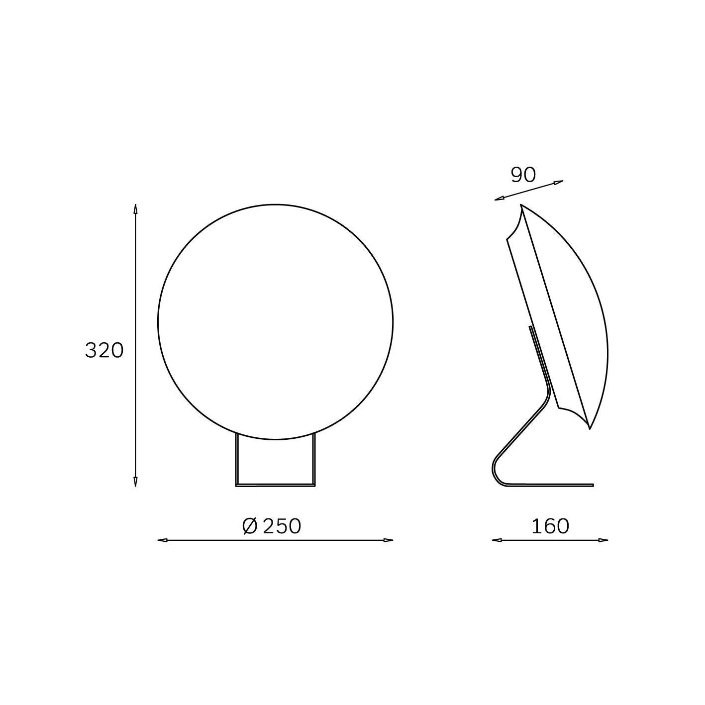 Viivapiirros modernista pyöreästä lampusta tasaisella jalustalla; mitat: korkeus 320 mm, halkaisija 250 mm, syvyys 160 mm ja kaareva yläreuna 90 mm; kuvassa etu- ja sivunäkymät; piirroksessa ei näy väriä tai materiaalia; pinnan viimeistelyä ei ole kuvattu; ei pakkausta näkyvissä; tausta yksinkertainen valkoinen, ei ihmisiä tai toimintaa mukana.