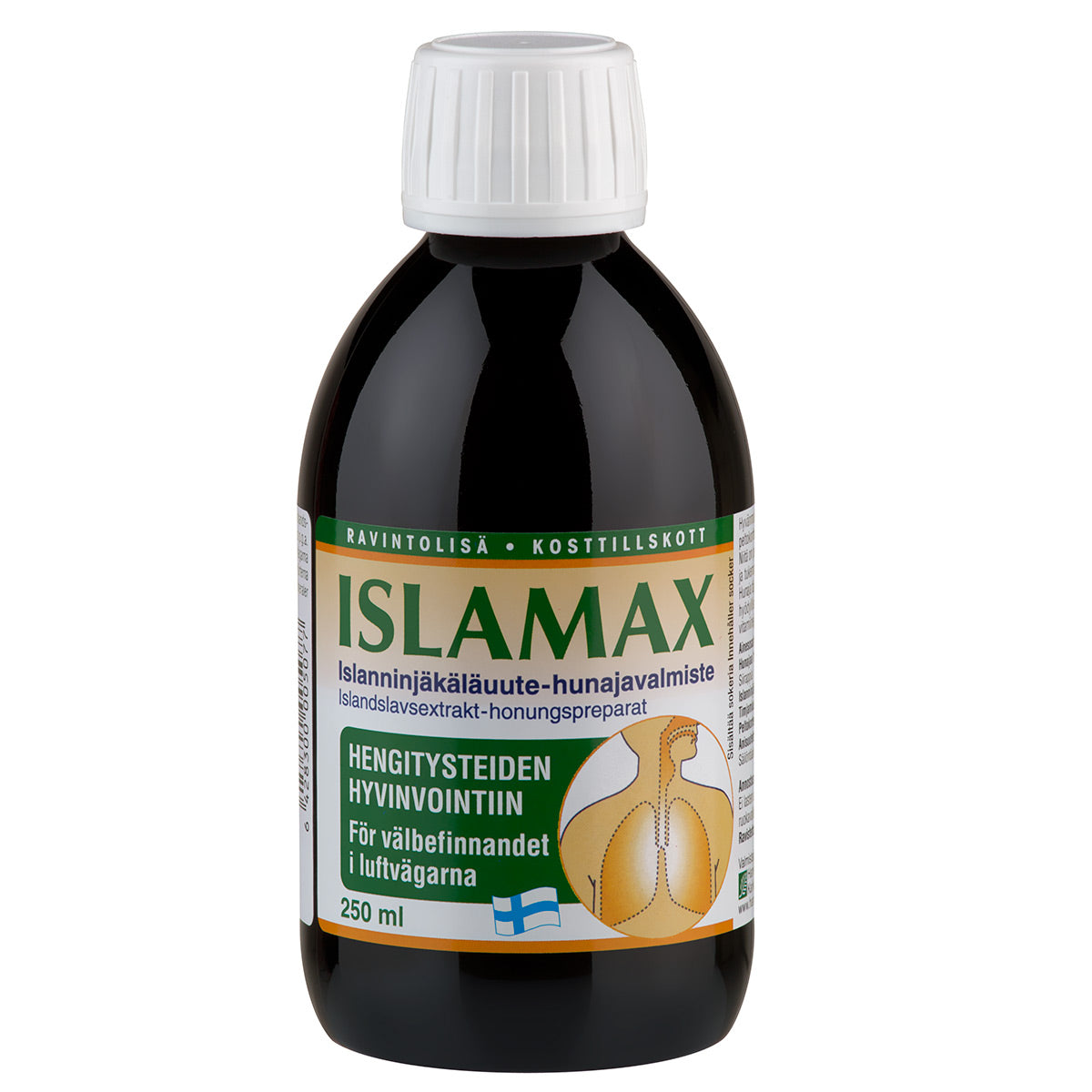 Islamax; pullo yrttimehua islanninjäkälällä ja hunajalla, teksti suomeksi ja ruotsiksi, tarkoitettu hengitysteiden hyvinvoinnin tukemiseen; 250 ml:n muovipullo valkoisella kierrekorkilla ja kiiltävällä vihreä-kelta-valkoisella etiketillä lihavoidulla groteskikirjasimella; tuote seisoo pystyssä valkoisella taustalla ilman ihmisiä tai käsiä.