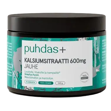 Puhdas+ Kalsiumsitraatti 600 mg Jauhe -purkki, musta mattamuovi, turkoosi-valkoiset korostukset; groteskiteksti, vegaaninen, mauton, laktoositon, luuston tueksi
