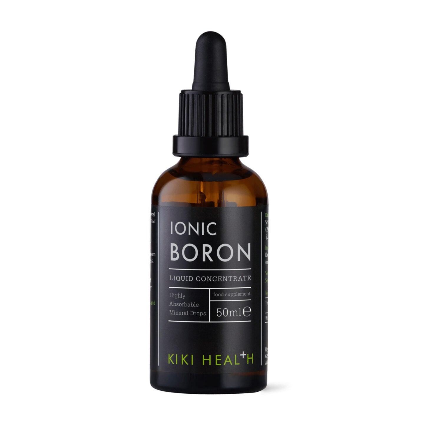 Kiki Health Ionisoitu Boori; ruskea lasinen tippapullo tekstillä Ionic Boron Liquid Concentrate, 50 ml, Highly Absorbable Mineral Drops, hivenainelisä KIKI Health -merkiltä, seisoo valkoista taustaa vasten; pullossa musta matta korkki tippakärjellä; etiketissä valkoista ja vihreää groteskitekstiä mattamustaa taustaa vasten; ei ihmisiä tai muita esineitä kuvassa.