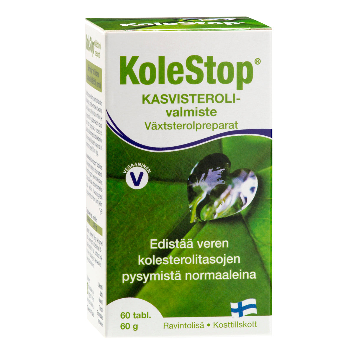 KoleStop: rasia KoleStop-kasvisterolilisäravinnetta suomeksi ja ruotsiksi, vihreä lehtitausta, vegaanisymboli, Suomen lippu ja selkeät annostustiedot: 60 tablettia, 60 g; suorakulmainen kartonkirasia kiiltäväpinnalla; pääväreinä vihreä ja valkoinen; lihavoitu groteskikirjasin tuotenimelle; yksityiskohtaista tietoa etupaneelissa; ei ihmisiä tai käsiä näkyvissä; vegaaninen tuote tukee normaalia veren kolesterolitasoa.