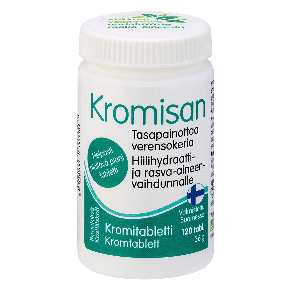 Kromisan-pullo, valkoinen, mattapintainen muovi, valkoinen kierrekorkki; sininen-vihreä etiketti, Suomen lippu -symboli, annostustiedot näkyvissä, 120 tablettia verensokerin ja aineenvaihdunnan tueksi