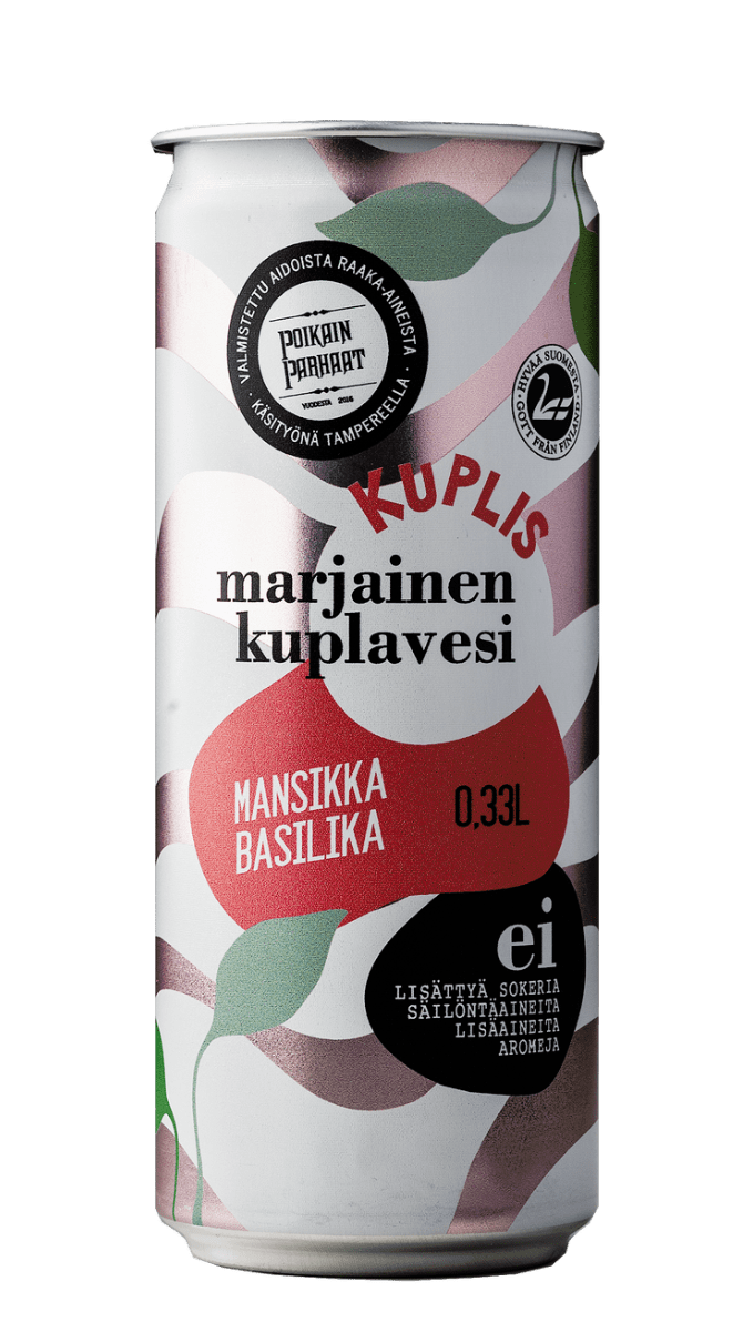 Kuplis Marjainen Kuplavesi Mansikka-Basilika, 0,33 litran tölkki kuplavedelle mansikka-basilikan maussa, vaaleanpunainen, vihreä ja valkoinen abstrakti marja-lehtikuvio; tölkki sylinterimäinen mattapinnalla; brändi- ja tuoteteksti lihavoidulla groteskifontilla; ei ihmisiä eikä käsiä näkyvissä; tausta yksinkertainen, tavanomainen tuotekuvakulma.
