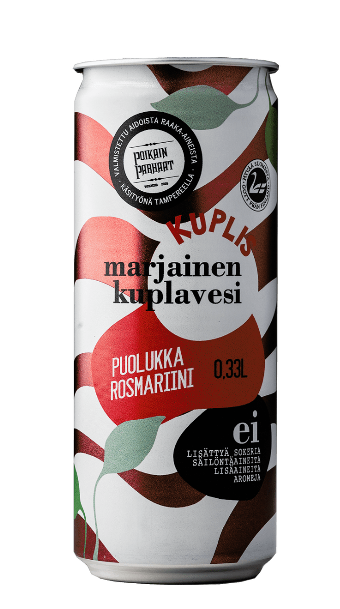 Kuplis Marjainen Kuplavesi Puolukka-Rosmariini, 0,33 litran tölkki marjaiselle kuplavedelle, jossa punaisia ja vihreitä abstrakteja marjakuvioita; etikettiteksti sisältää "puolukka rosmariini", ilmoittaen puolukka-rosmariinimaun; tölkki sylinterimäinen ja metallinen mattapinnalla; huomattava groteskityppografia etiketissä; tausta yksinkertainen, ei ihmisiä eikä käsiä näkyvissä.